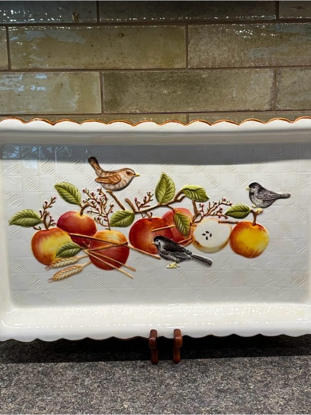 Decorative Fruit & Birds Ceramic Platter - White with Red and Green Accents